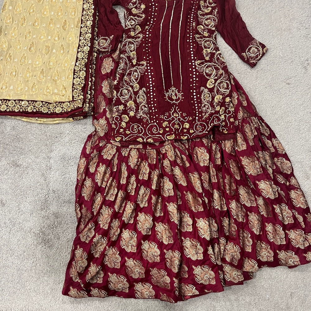 Maroon and Gold Embroidered Traditional Dress